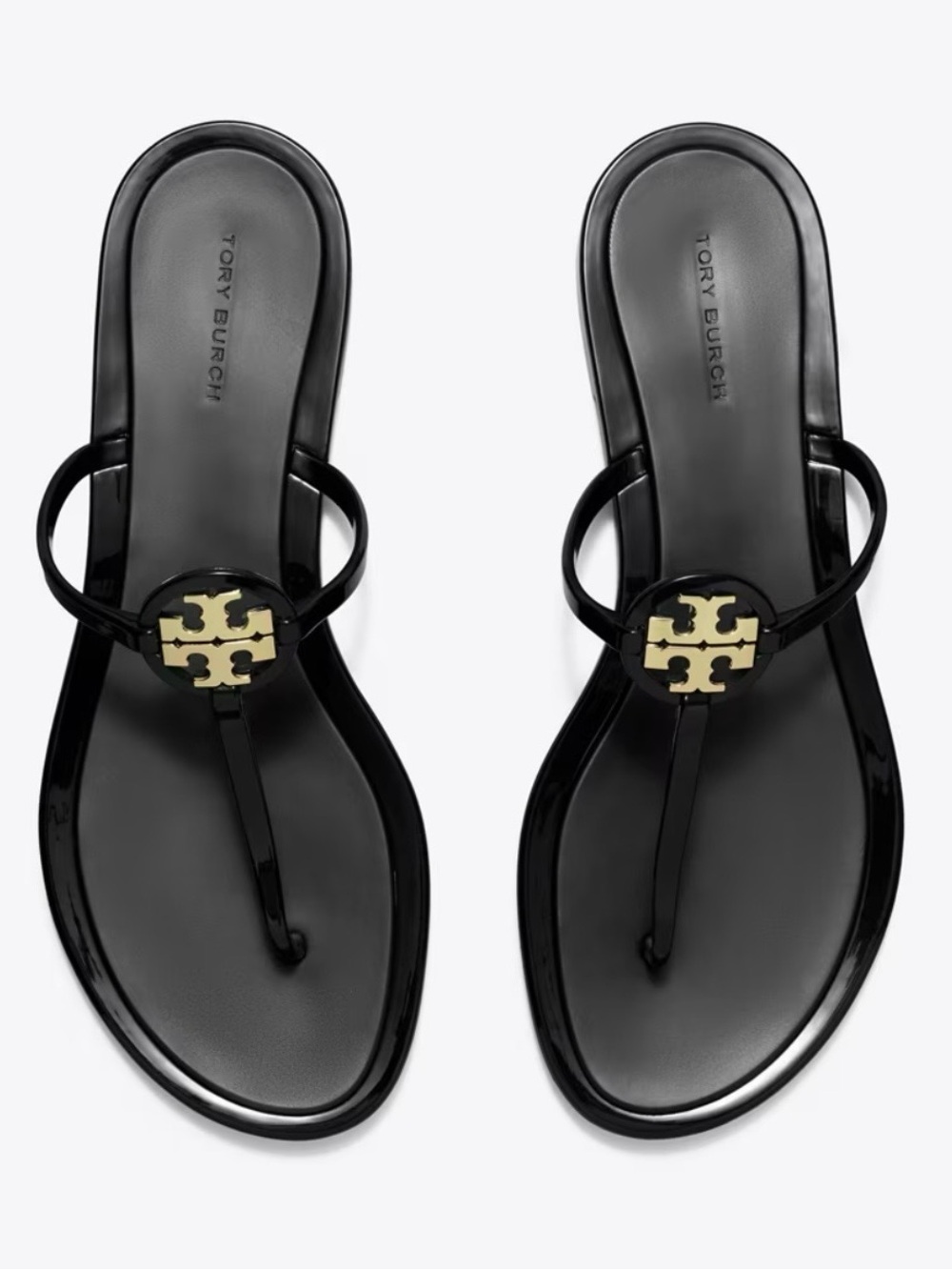 Tory Burch Black Patent Miller Logo Thong Sandals with Gold Emblem - Picture 1 of 4